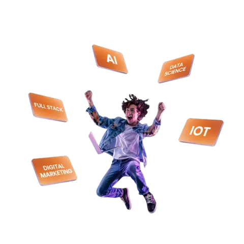 Jumping student with orange skill tiles